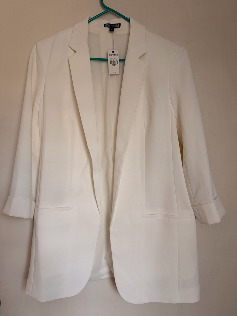 Express Women’s White Open-Front Longline Blazer.